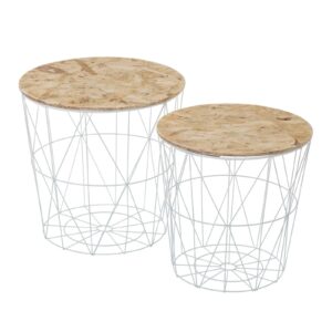 Tavolino da caffè a cesto,Metallo bianco-OSB,Set di 2 pezzi,Adatto alla sala da pranzo o al dormitorio 39x39x39CM