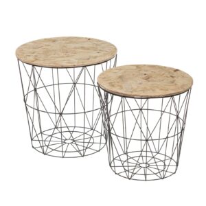 Tavolo da cestino,Metallo nero-OSB,Set di 2 pezzi,Adatto per l'ufficio in camera da letto 39x39x39CM