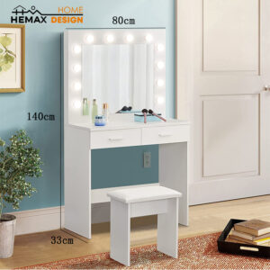 Tavolo da toeletta bianco caldo con 2 cassetti e sgabello – 80x33x140 cm